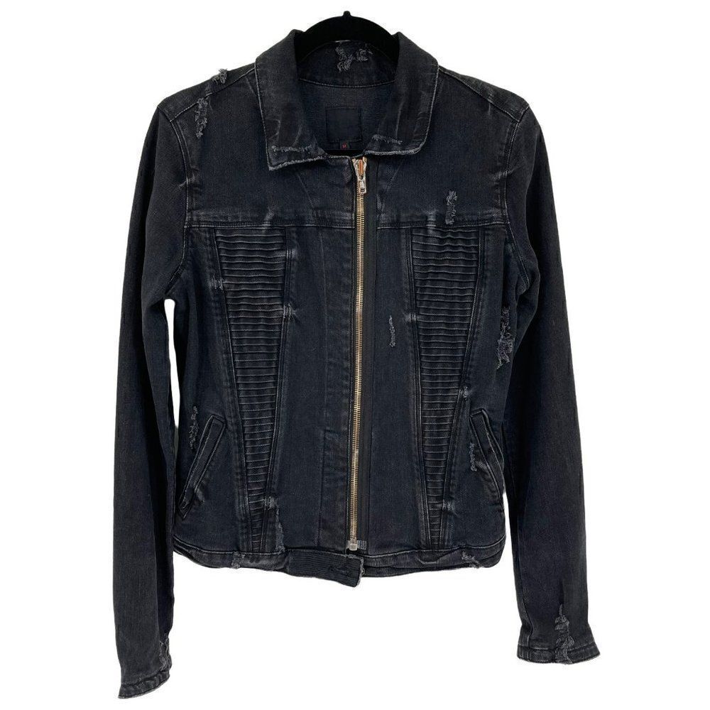 RtA Distressed Moto‎ Zip Up Denim Jacket Collared Black Edgy Women Medium